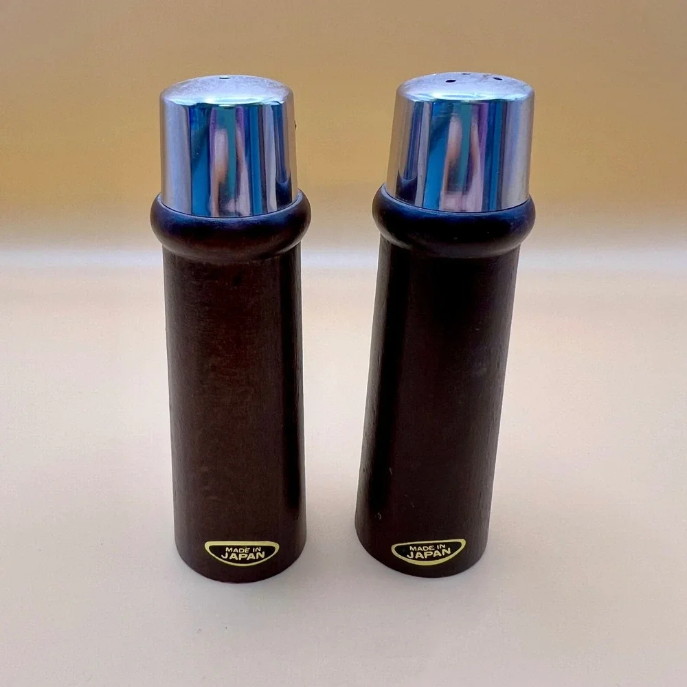 Vintage MCM Dark Wood Chrome Salt & Pepper Shakers Set Made in Japan Retro